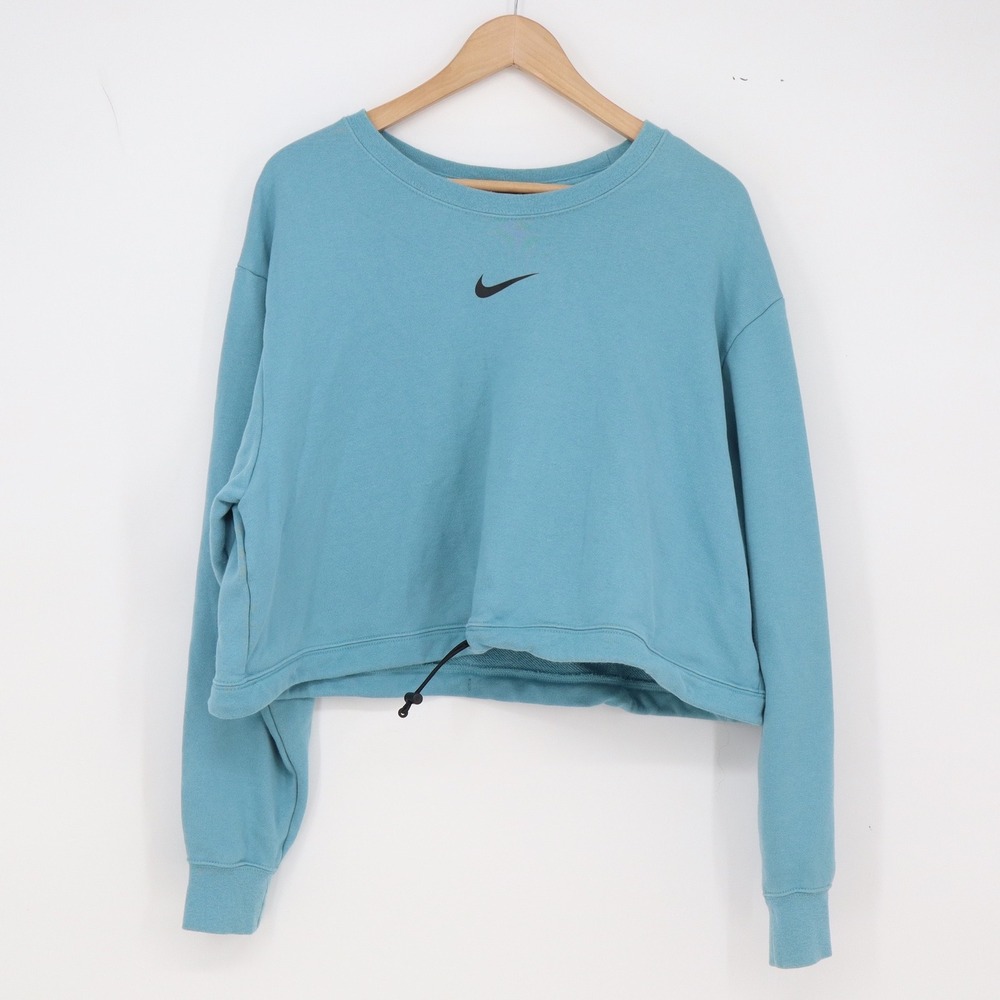 Nike Sweatshirt Womens 2X Cropped Bungee Hem Teal Blue Swoosh Graphic Excellent